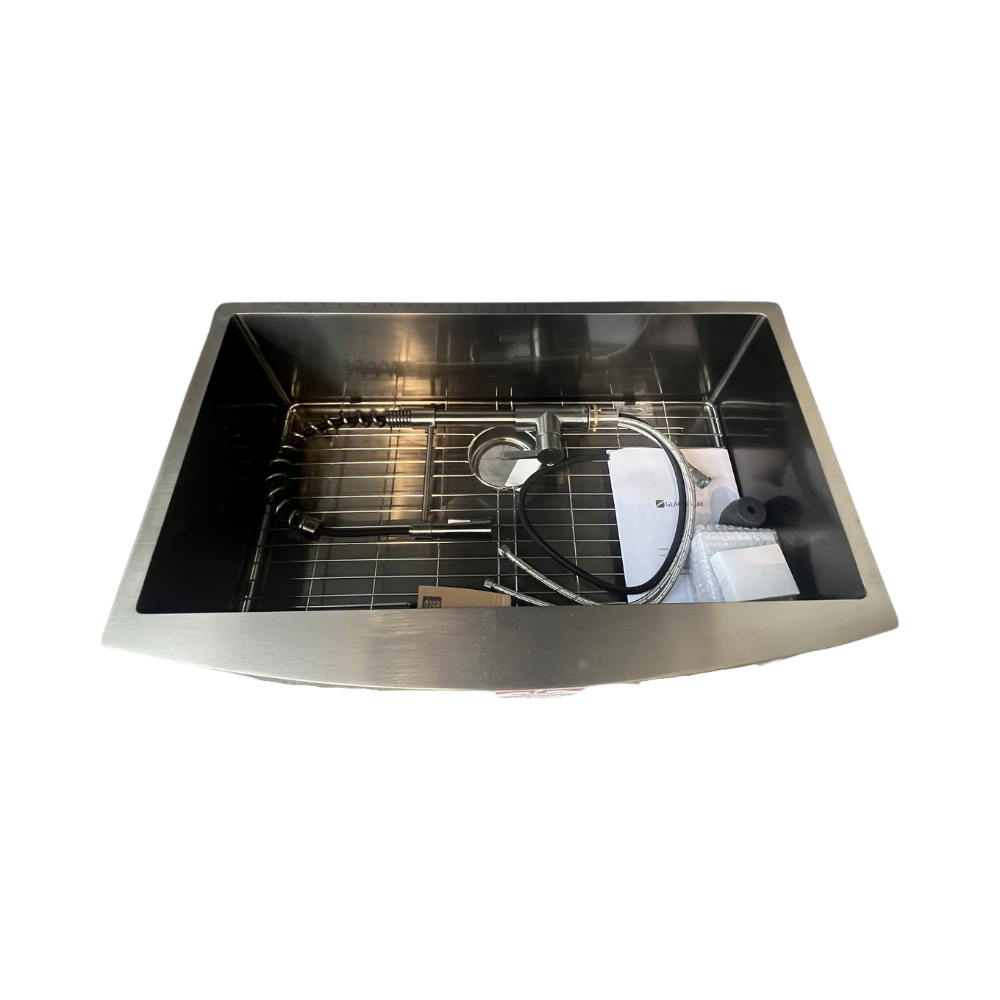 Farmhouse Sink - 33" x 21" x 10" - Single Bowl 16G Gunmetal Black With Faucet, Grid & Strainer