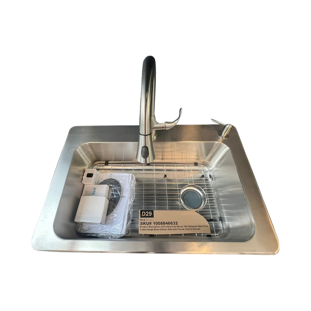 Dual Mount Sink - 33" x 22" x 9"  Stainless Steel 18G 2 Hole With Faucet, Grid & Strainer